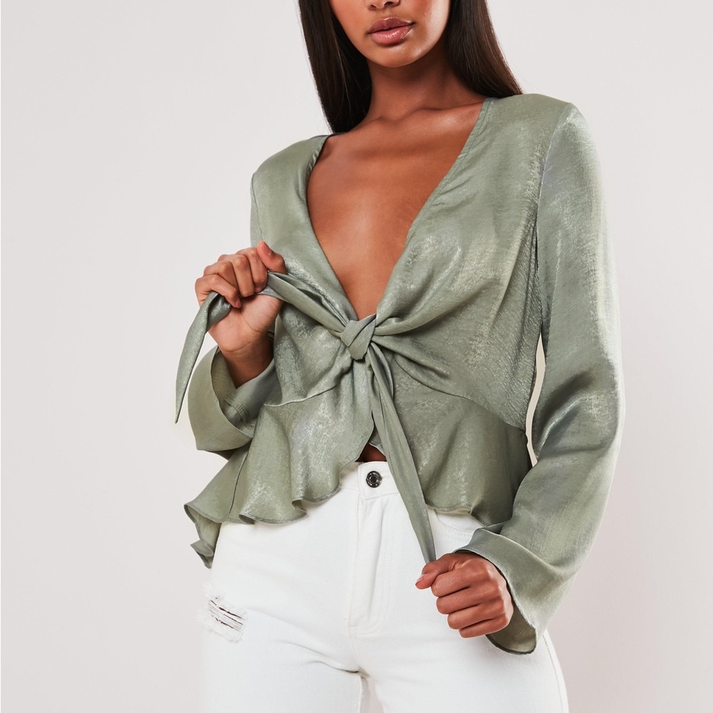 Missguided Front Tie Peplum Blouse with Flute Sleeves